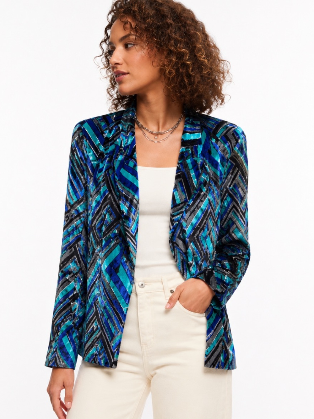CHICOS Blue & Purple Velvet  Chevron Pattern Open Front Shrug Jacket Size 8 NWOT